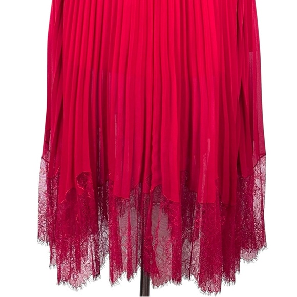 SELF PORTRAIT DARK RED CROSS FRONT LONG SLEEVE PLEATED SKIRT LACE MIDI DRESS - Picture 9 of 15